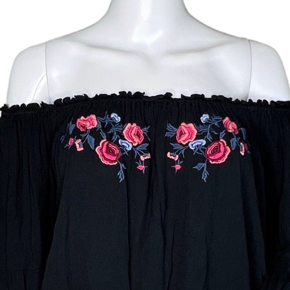 Hollister‎ Shirt Women Small Black Floral Embroidered Off Shoulder Boho Bohemian - Picture 5 of 8